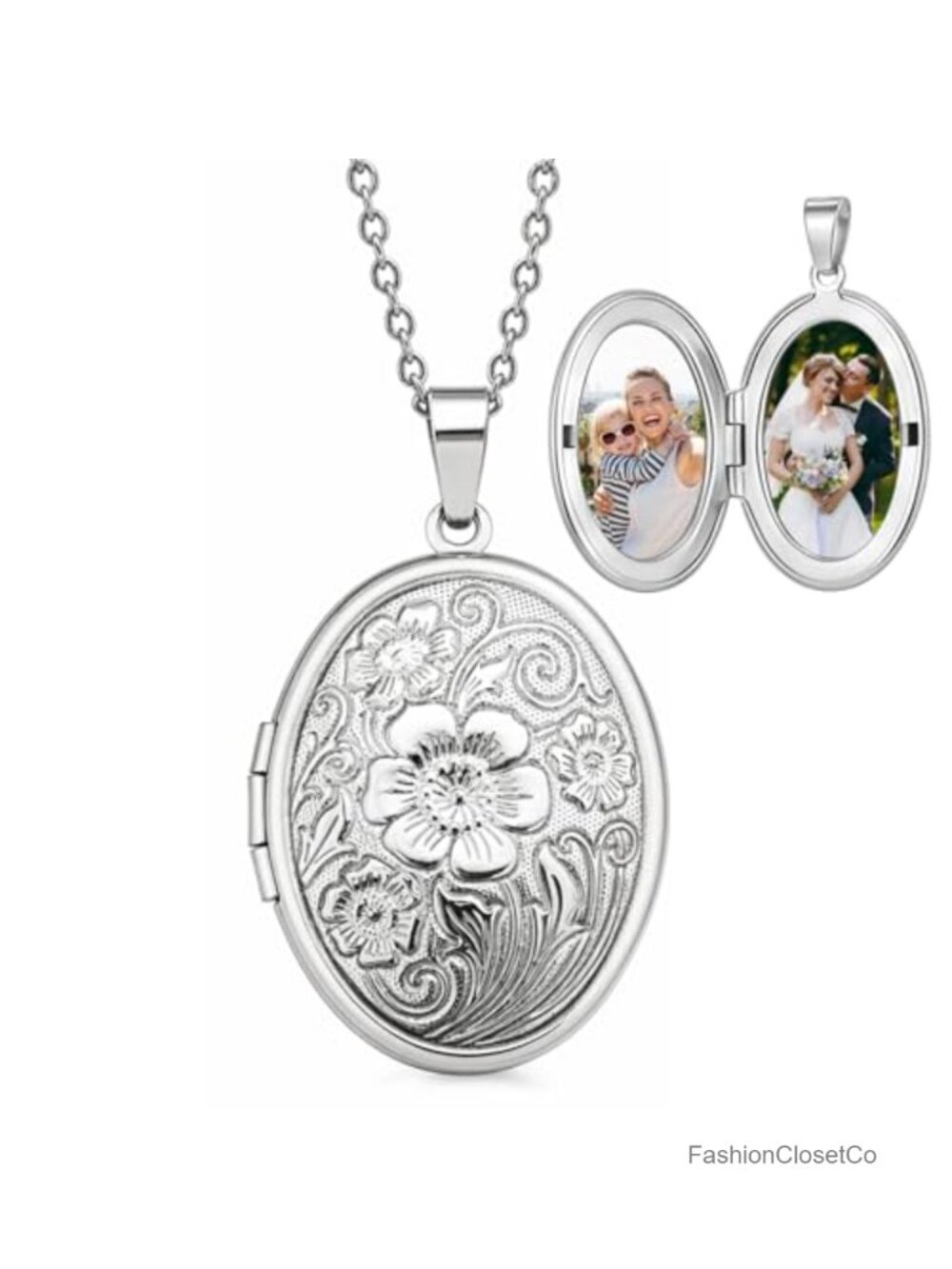 Vintage Engraved Flower Locket Necklace Antique Oval Photo Pendant 2 Pictures
